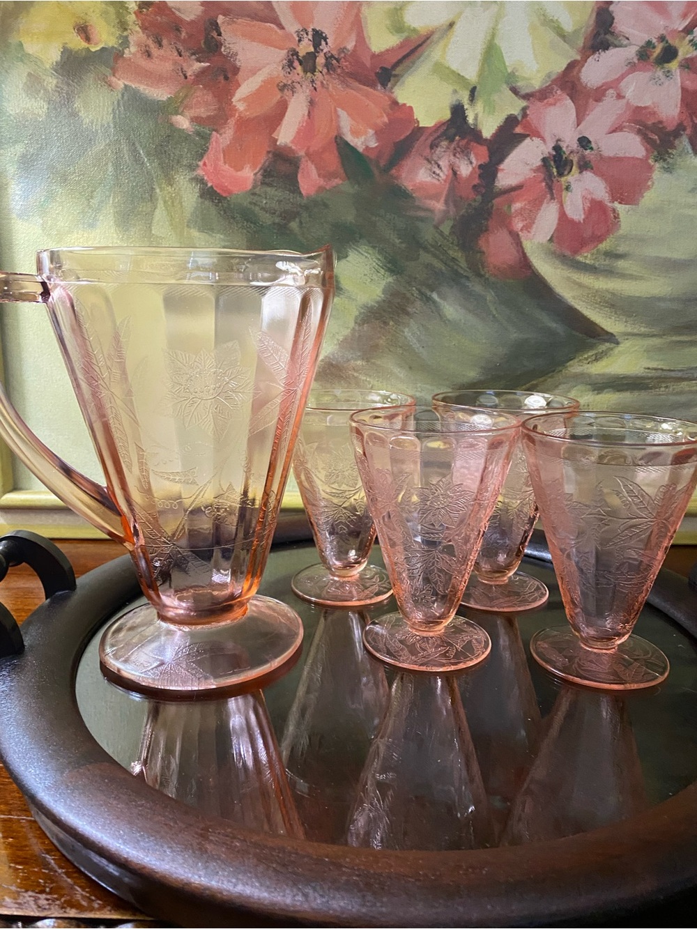 Pink Depression Pitcher “Floral” Set - Picture 3 of 10